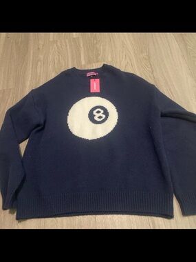 Edikted Navy Crewneck Sweater with White 8-Ball Graphic